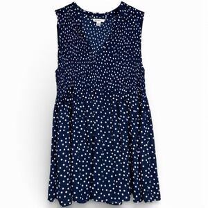 Chloe + Rene Navy Blue‎ White Polka Dot Pleated Smocked V-Neck Sleeveless Blouse